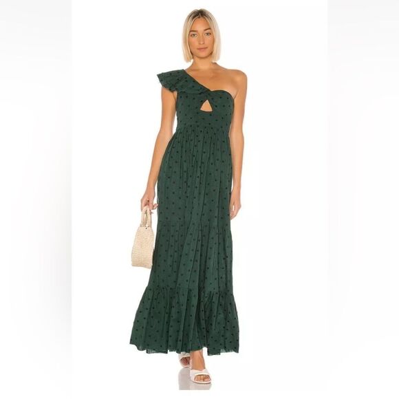 New Tularosa Forest Green Ruffle One Shoulder Maxi Dress Size Small - Picture 1 of 6